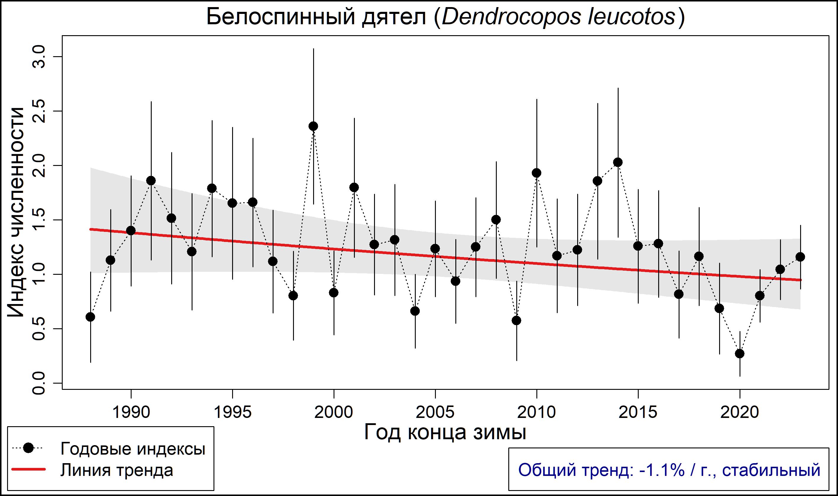 Белоспинный дятел (Dendrocopos leucotos). Динамика лесной зимующей популяции по данным программы PARUS 